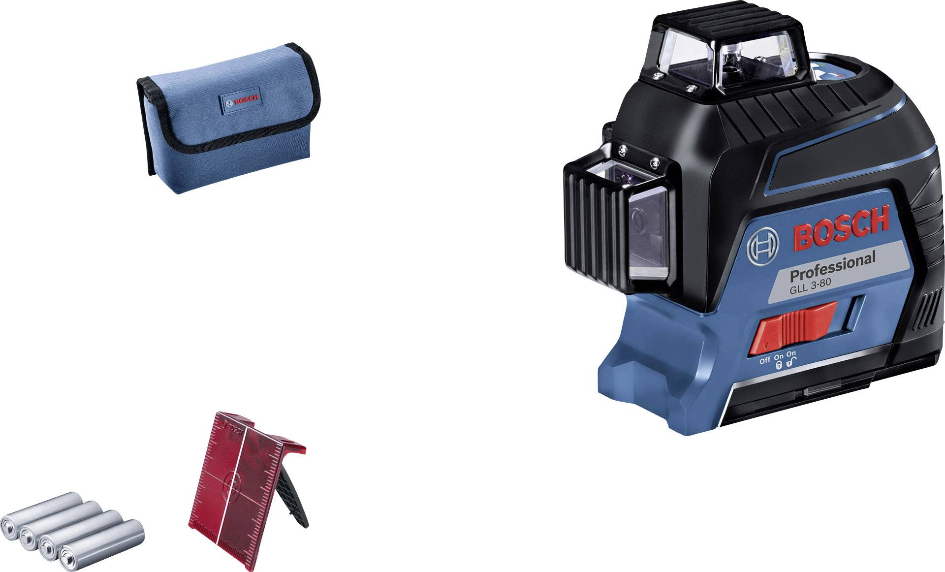 Bosch Laser Spirit Level with Accessories: a blue bag, four batteries and a red measurement card. Suitable for construction projects.
