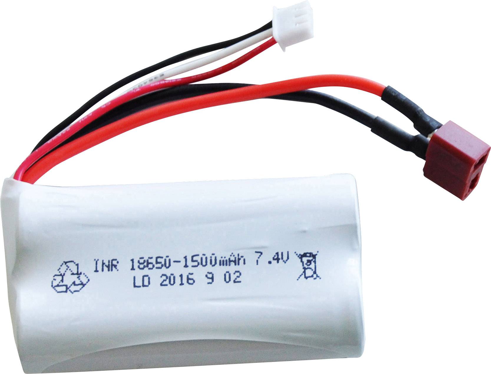 A white lithium-ion battery with the markings 'INR 18650 1500mAh 7.4V'. Two red and one black cable are protruding.