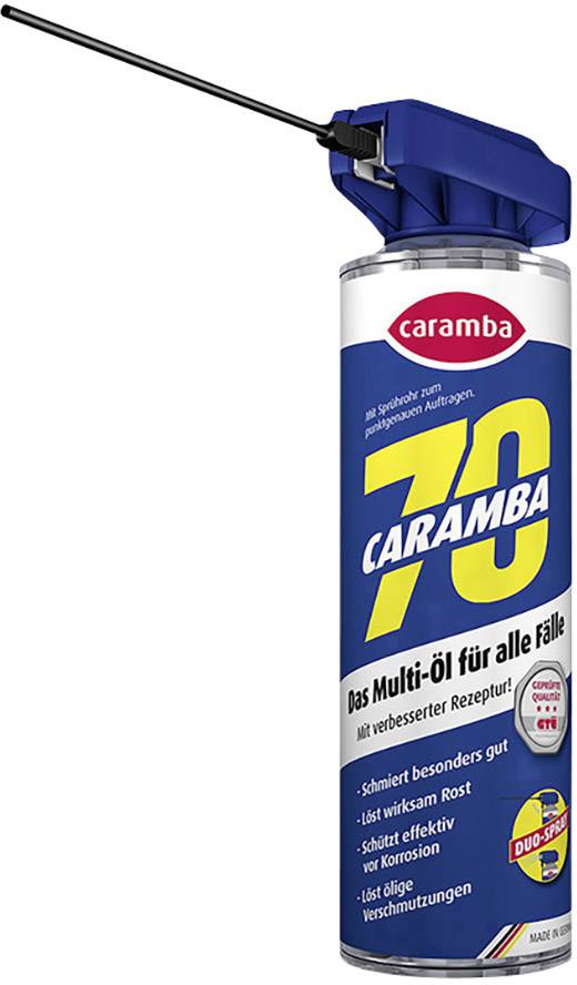 Metal spray bottle with blue cap and spray nozzle. Label reads: 'Caramba 70, The Multi-Oil for Every Situation', promoted for rust protection.