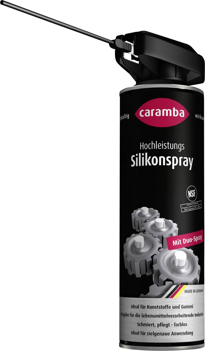 High-performance silicone spray by Caramba for plastics and rubber. Includes a spray nozzle for precise application.