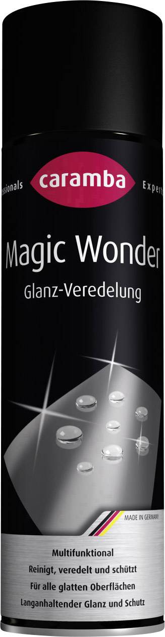 A black spray can from 'Caramba Magic Wonder', designed for high-gloss refinement of smooth surfaces, promises cleaning and protection.