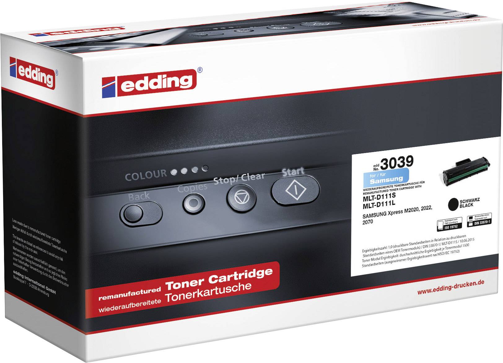 Box for a remanufactured edding toner cartridge, Model 3039. Compatible with Samsung printers in the ML-D111S, MLT-D111L series.