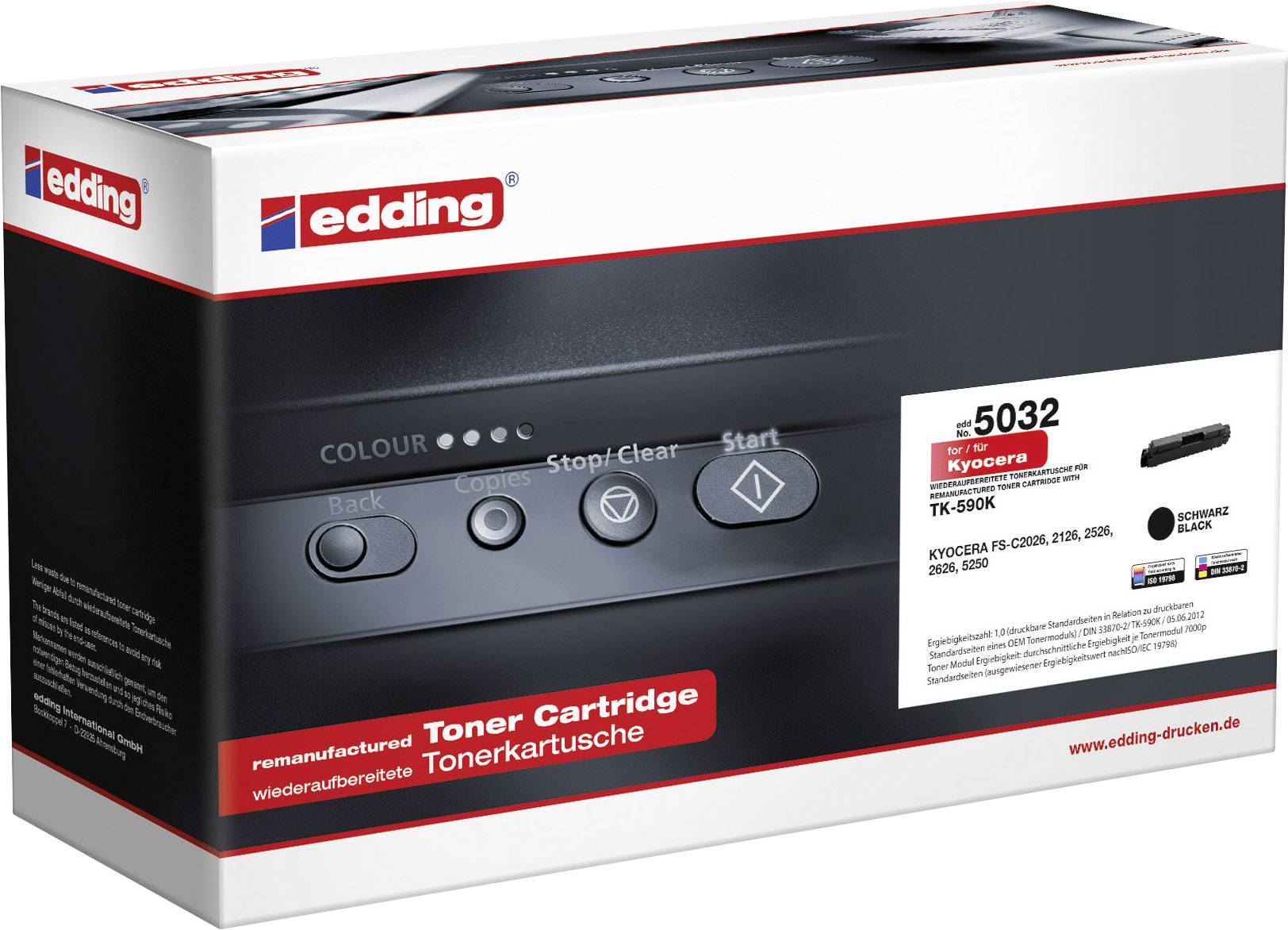 Packaging of a replacement toner cartridge by Edding, model number 5032, compatible with various Kyocera printer models.