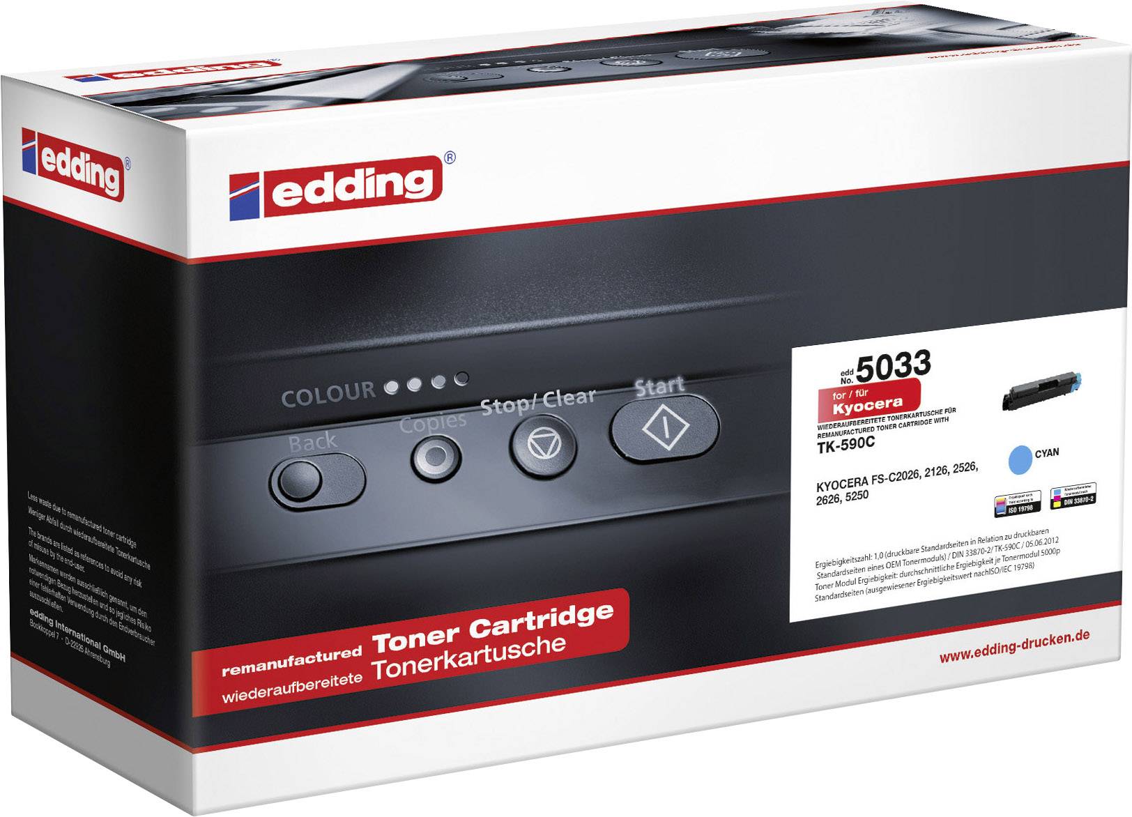 Packaging of a reconditioned edding toner cartridge for Kyocera printer, model 'TK-590C', in Cyan.