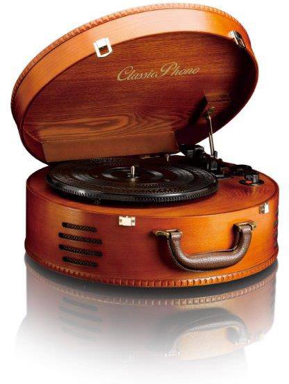 A retro record player in a round, wooden enclosure with an open lid, featuring the inscription 'Classic Phono'.