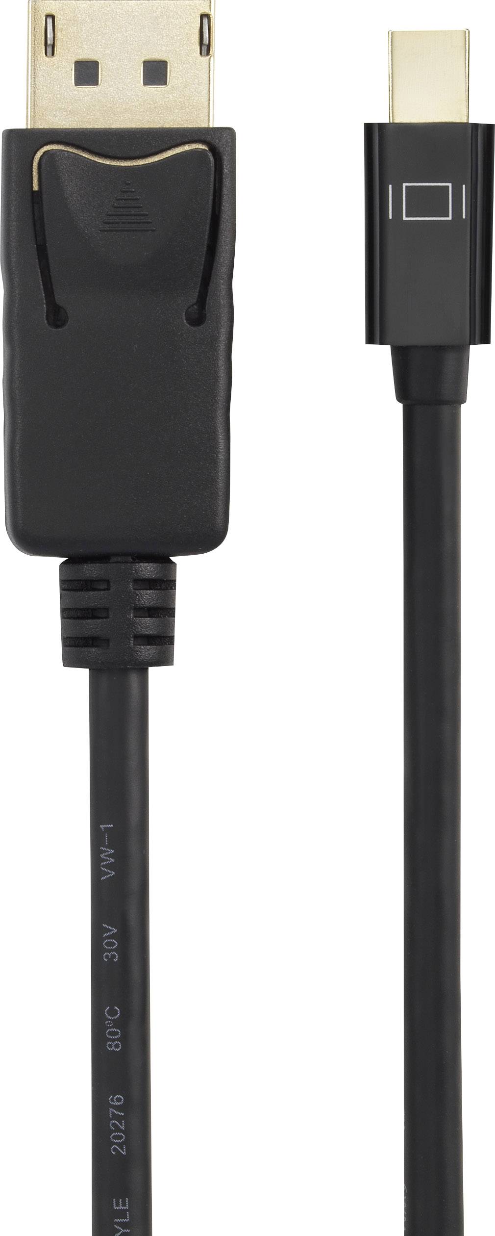 'DisplayPort to Mini DisplayPort cable' shows the standard DisplayPort connector on the left and the mini connector on the right. Ideal for video transmission.