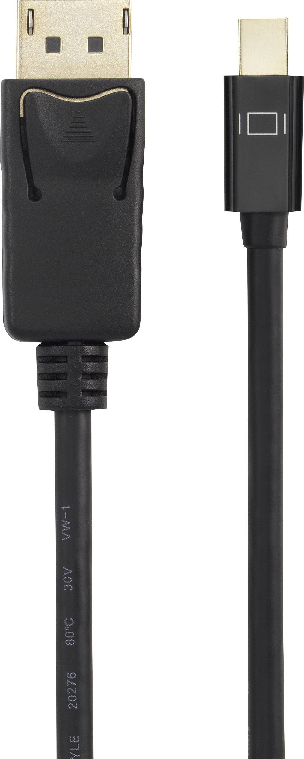 Black cable with a DisplayPort connector and a smaller Mini-DisplayPort connector, for monitors or laptops.