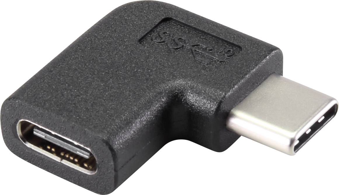 A black USB-C right-angle adapter with male and female connectors, used for connecting devices in confined spaces.