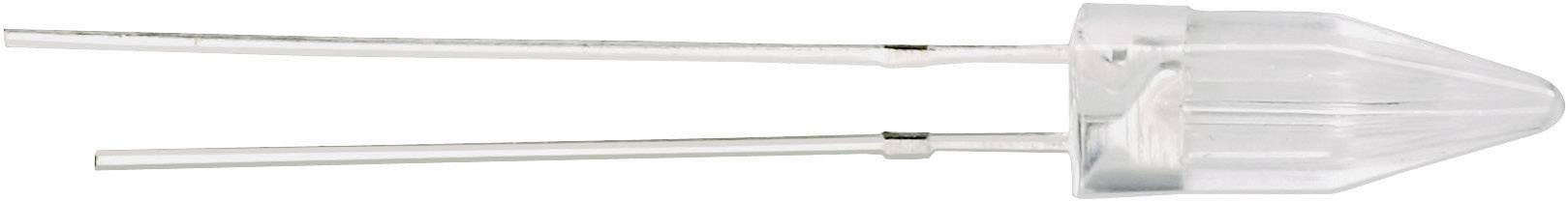 A transparent LED with two long metal leads. The body of the LED is cylindrical and transparent, showing no illumination colour.
