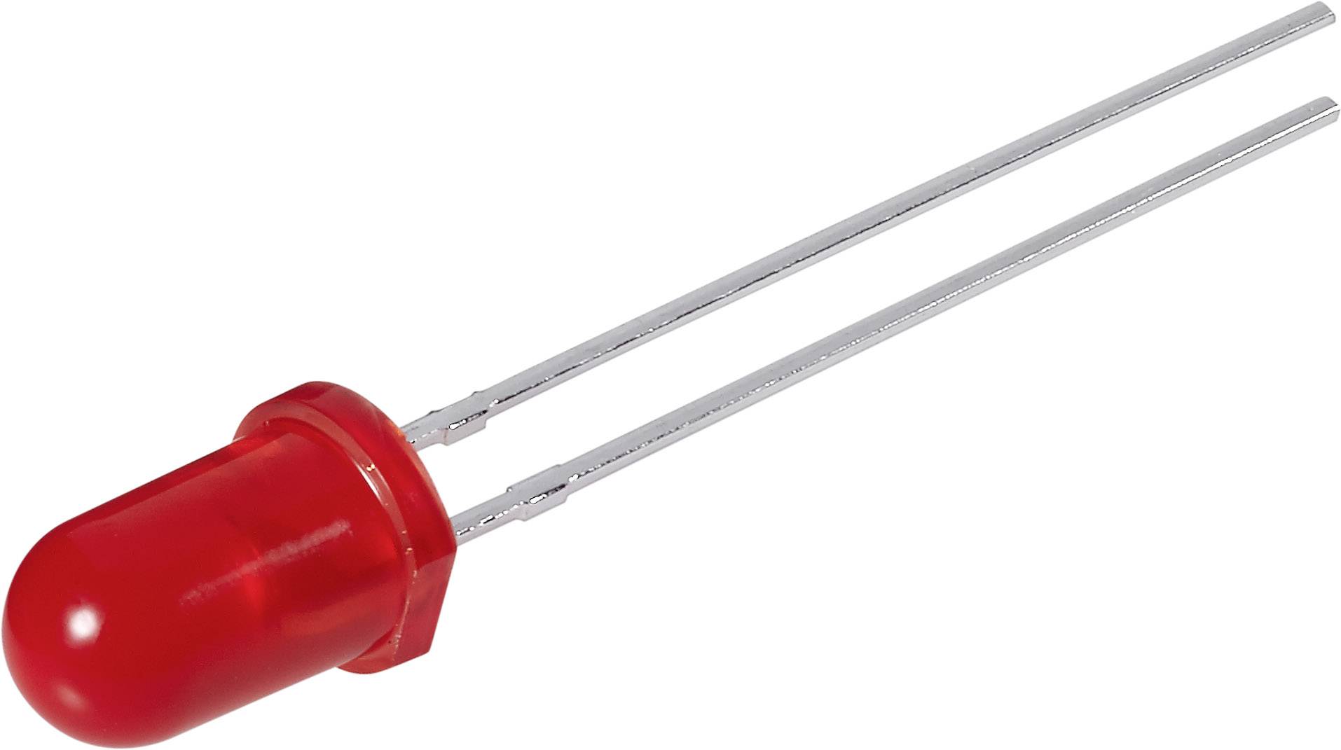 A red LED with two metallic connecting wires, used to indicate current flow in electronic circuits.