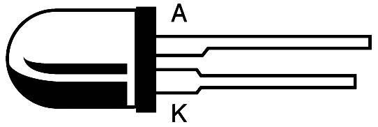 Diagram of a light-emitting diode (LED) with two terminals, anode 'A' and cathode 'K', showing polarity.