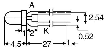 Technical drawing of an electrical connector with dimensional specifications: Length 27 mm, Widths 4.5 mm and 0.52 mm, Spacing 2.54 mm.