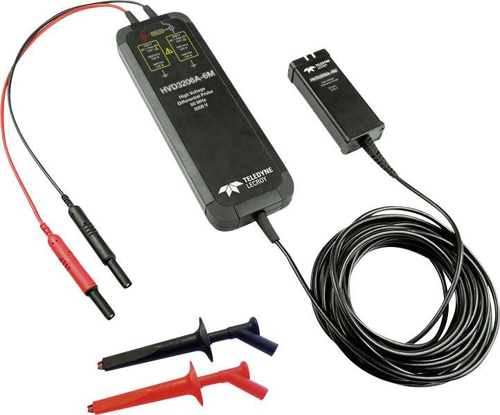 Measuring device with red and black measuring cables, used for electrical analysis.