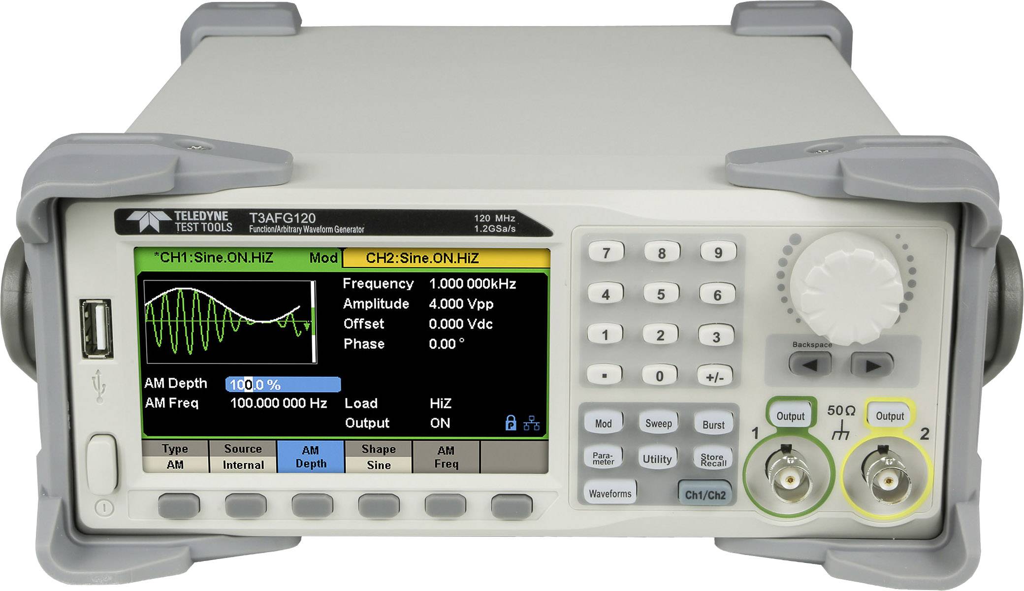 A function generator with a digital display shows waveform data, frequency 100 kHz, amplitude 4 Vpp and offset 0 Vdc, CH1 and CH2 active.