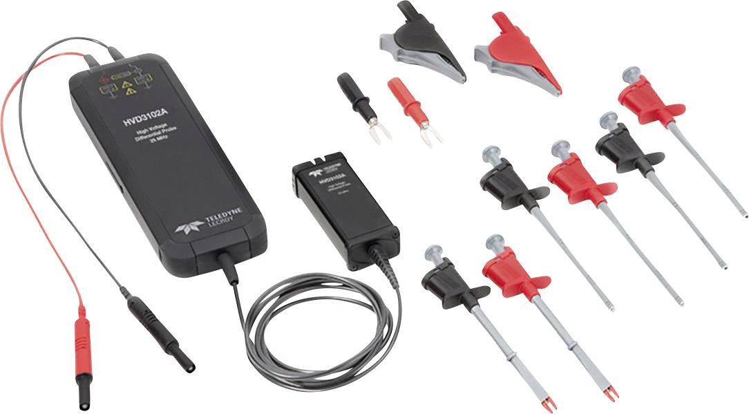 High-voltage probe set with accessories, including connection cables and clamps, for current and voltage measurement in electrical circuits.