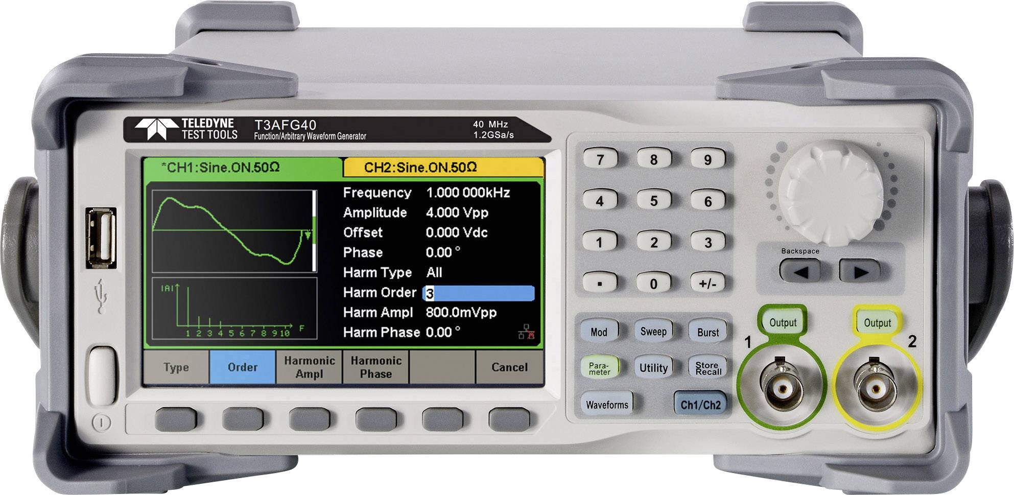 A function generator with buttons and display shows measurement values and settings such as frequency, amplitude, and phase angle.