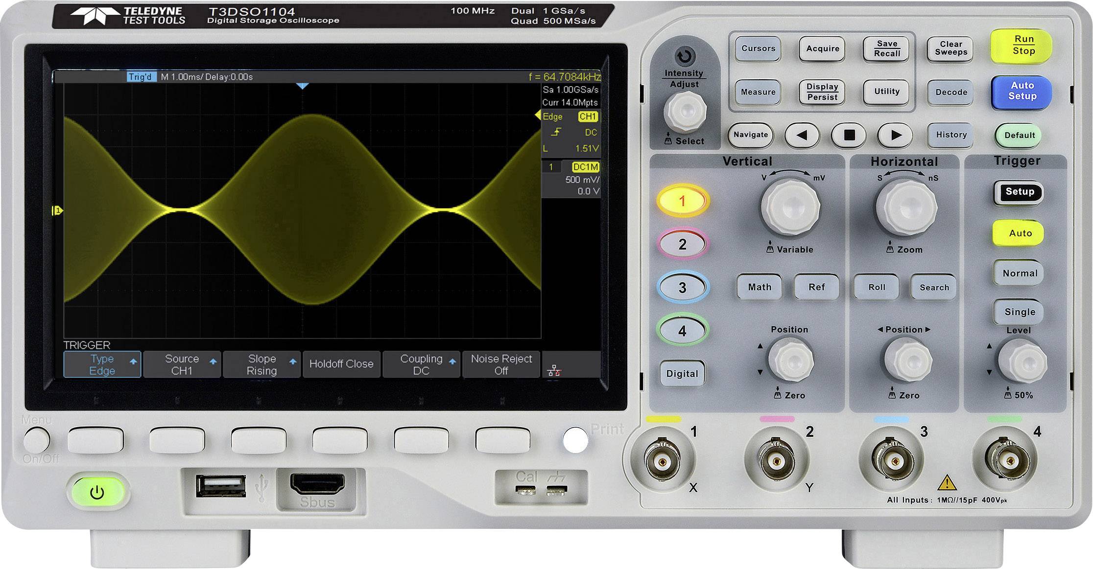 An oscilloscope with a yellow waveform displayed on the screen. There are numerous buttons and rotary controls for operation.