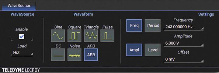 'WaveSource' control menu displays signal forms: Sine, Square, Triangle, Pulse. Frequency: 243 Hz, Amplitude: 6 V, Offset: 0 mV.