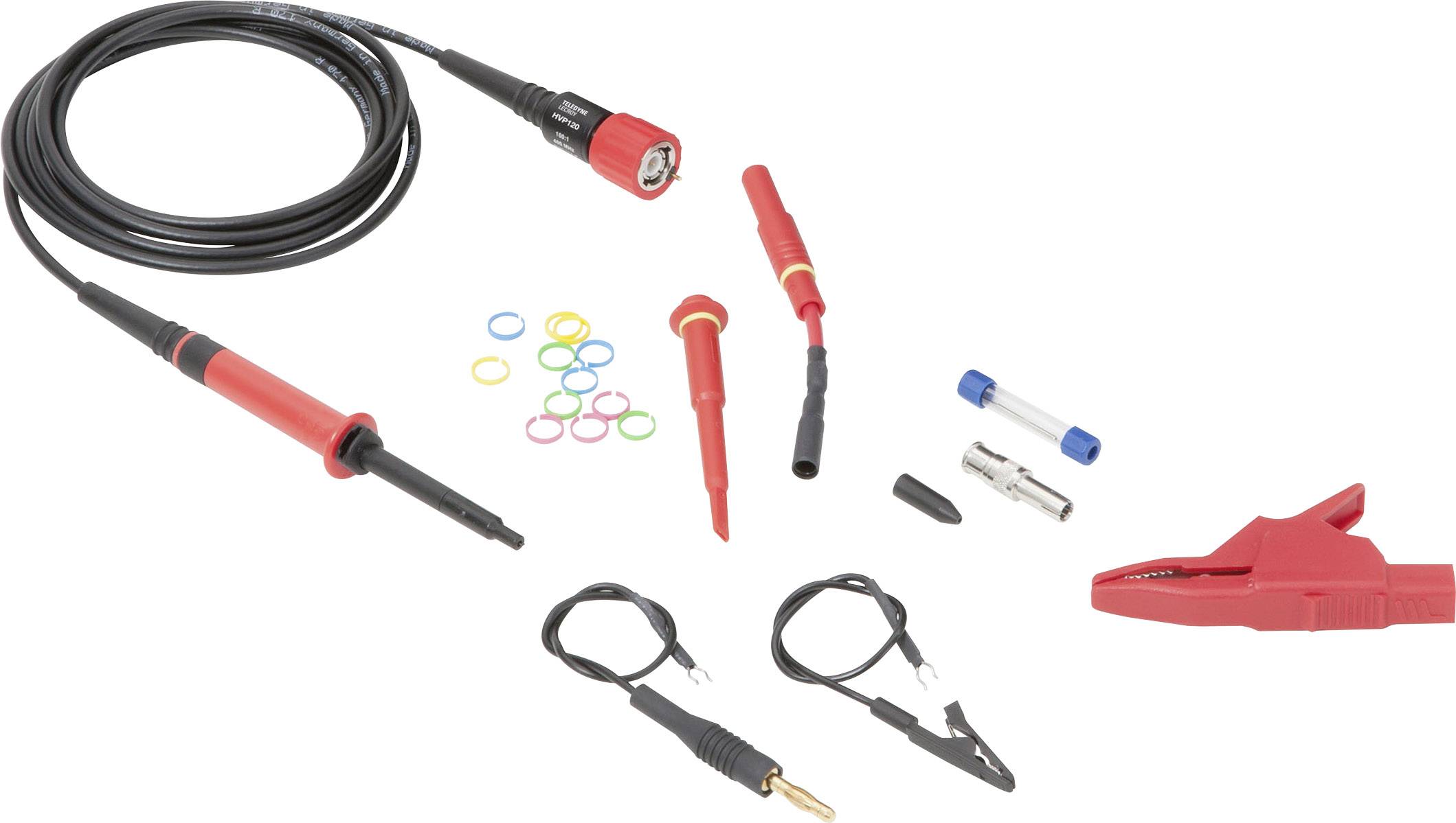 A set of multi-coloured measuring leads and clips for electrical testing, including test probes, crocodile clips and fuses.