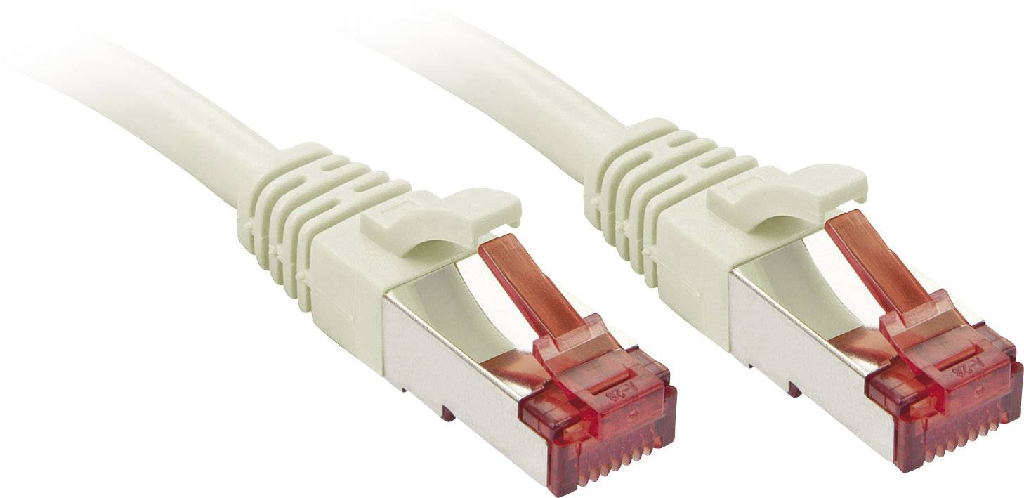 Two white Ethernet cables with red connectors, lying side by side.