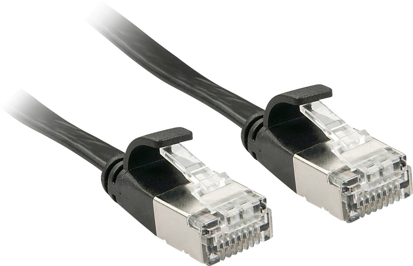 Two black Ethernet cables with transparent connectors, lying parallel to each other, on a white background.