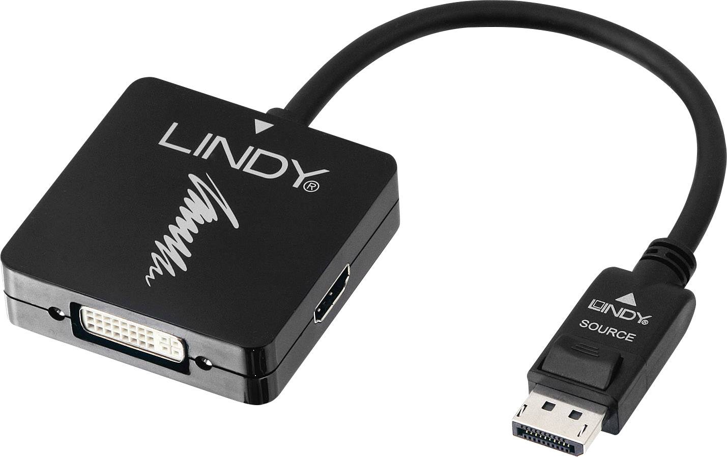 A black adapter that connects a DisplayPort cable to a DVI or HDMI output. The adapter is branded 'LINDY'.