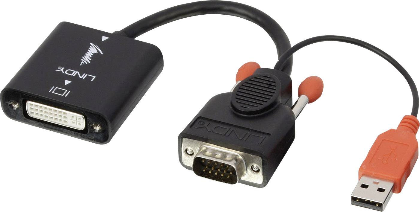 DVI-to-USB video adapter with VGA port, enables conversion of digital to analogue video signals.