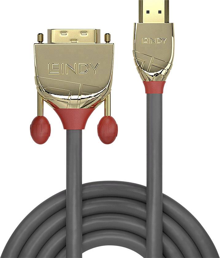 A gold and red HDMI-to-DVI cable with the 'LINDY' inscription. Primarily used for video connections.