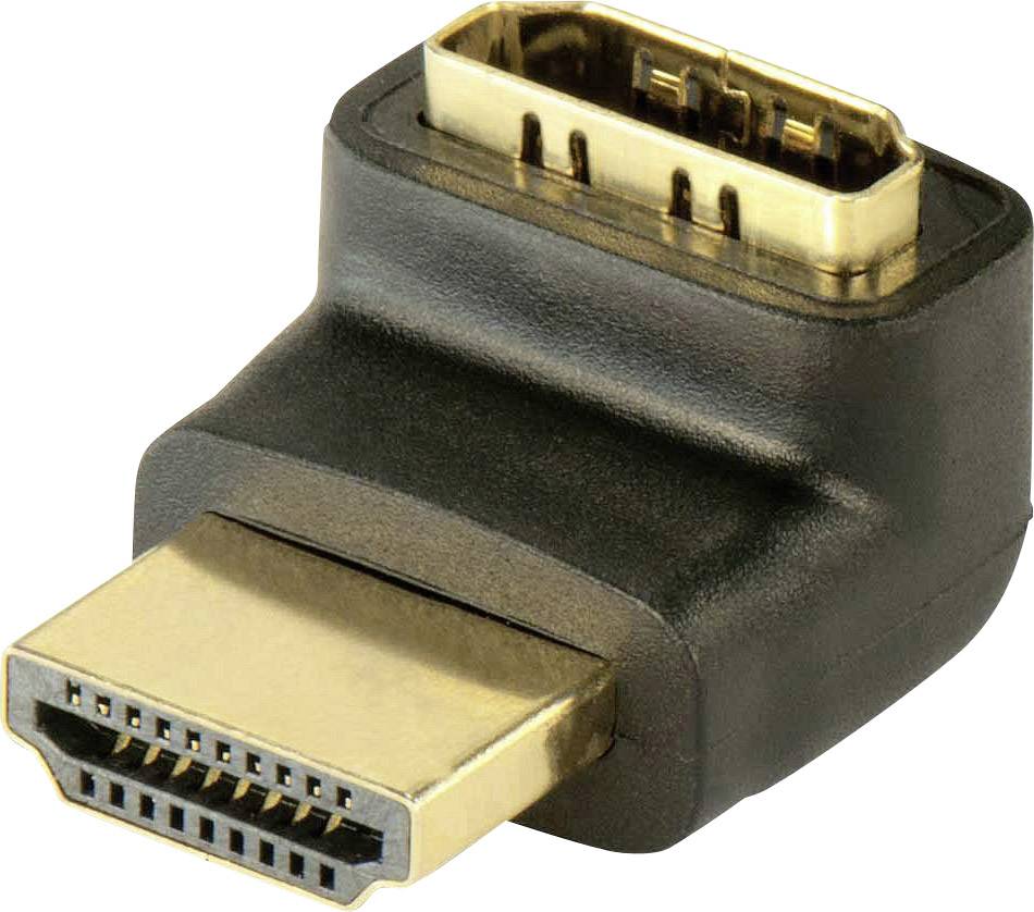 A HDMI adapter in close-up, converting a standard HDMI plug into a mini-HDMI socket. Manufactured in black and gold.
