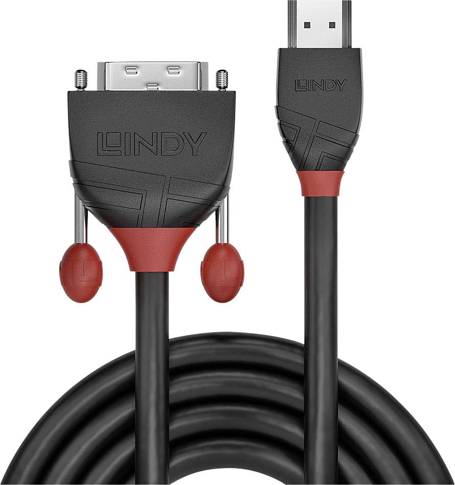 A black HDMI cable with red accents and two connectors by the brand Lindy, ideal for connecting devices.