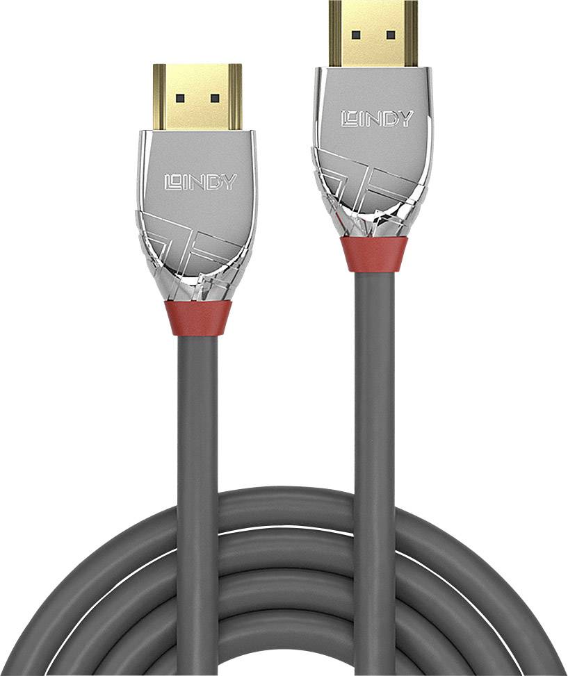 Grey HDMI cable with two silver connectors, each featuring a red detail at the connection end, suitable for audiovisual connections.