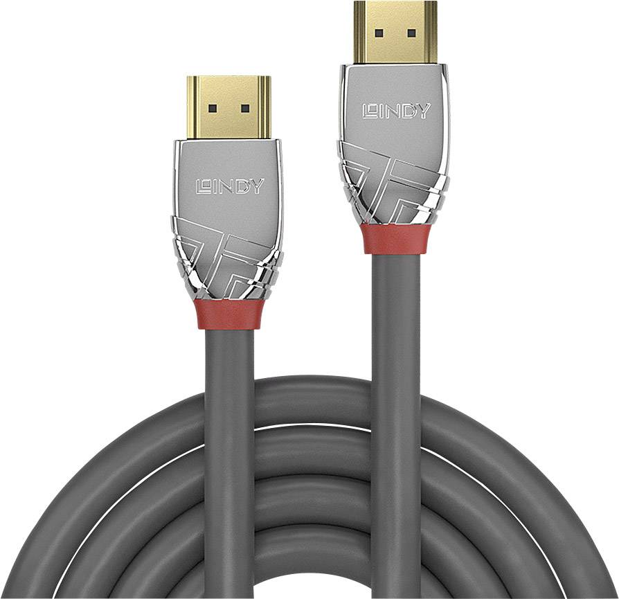 Grey HDMI cable with silver connectors and red accents, suitable for high-quality digital audio and video connections.