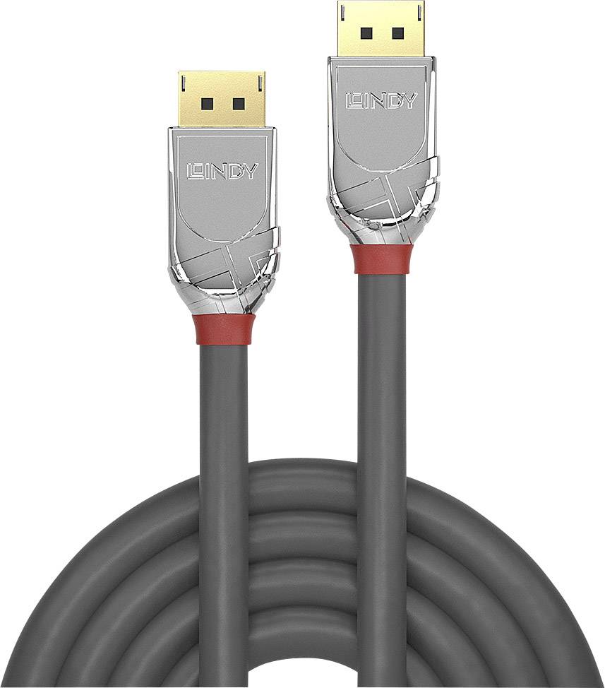Two grey, high-quality DisplayPort cables with metal connectors and a red accent. Suitable for high-resolution video transmission.