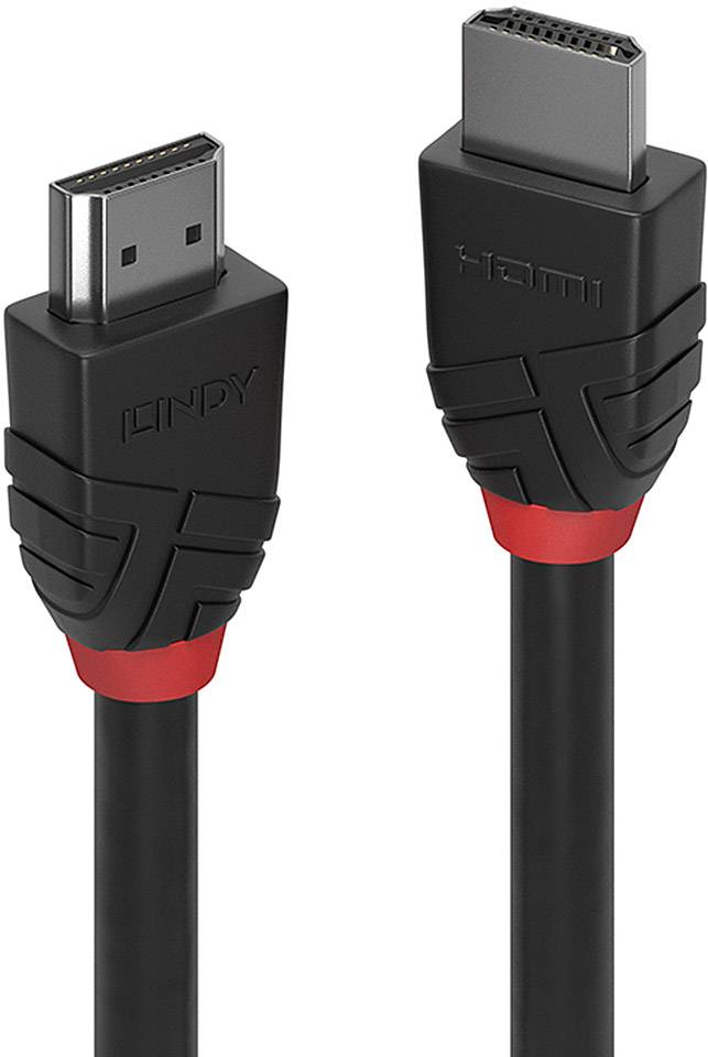 HDMI cable by the brand 'LINDY', black plug, red ring, for connecting video and audio devices.