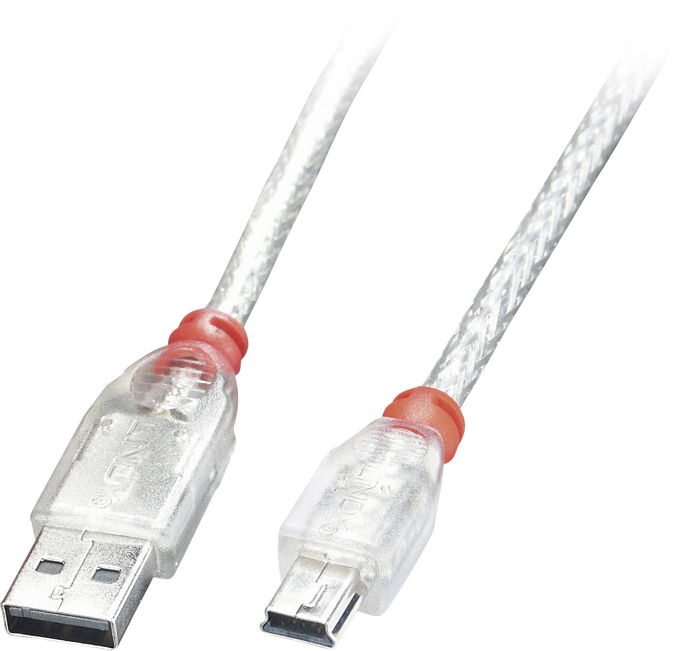 A USB cable with visible connectors: on the left a standard USB plug, on the right a mini USB plug. Both are transparently sheathed.