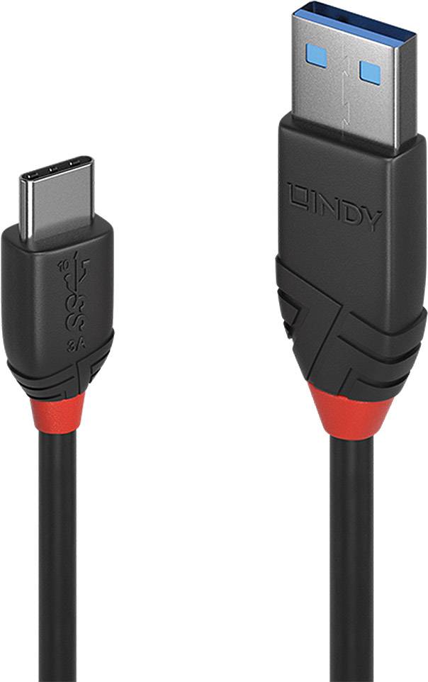 'USB Cable: USB-C plug on the left, USB-A plug on the right. 'LINDY' brand name on USB-A plug. Suitable for data transfer and charging.'