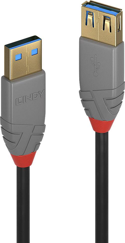 Two USB cable plugs: On the left, a USB-A plug, on the right a USB-A socket, both with a grey housing and a red accent.