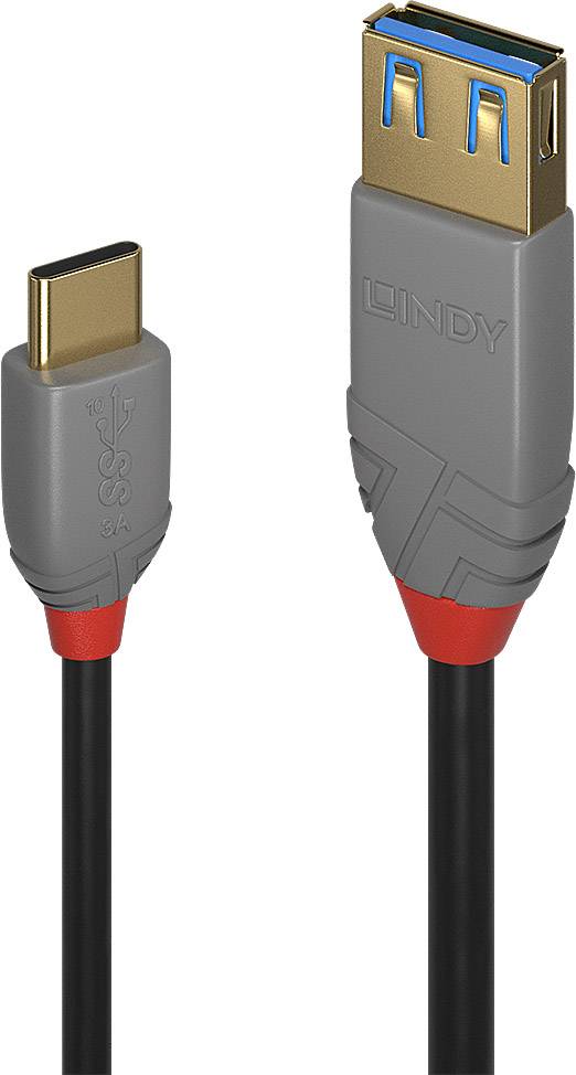 A USB cable with a USB-C plug on one side and a USB-A plug on the other, suitable for data transfer and charging.