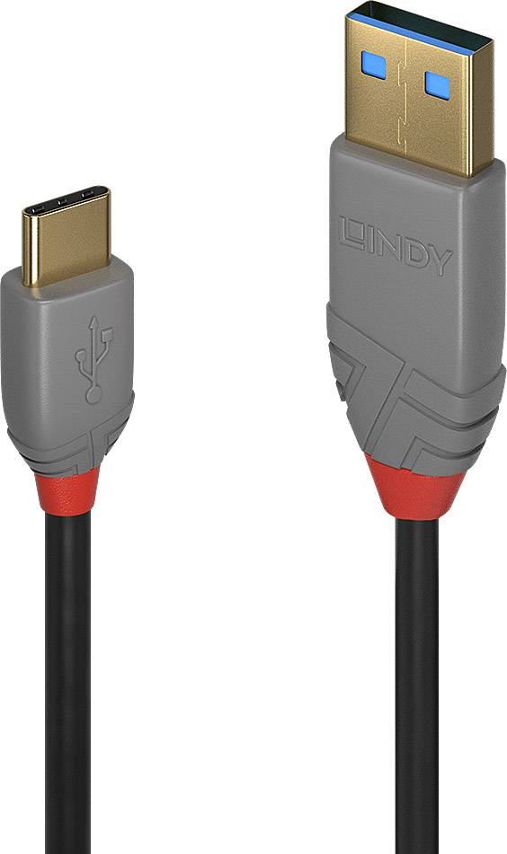 USB-C to USB-A cable, grey connectors with red ends, suitable for data transfer and charging purposes.
