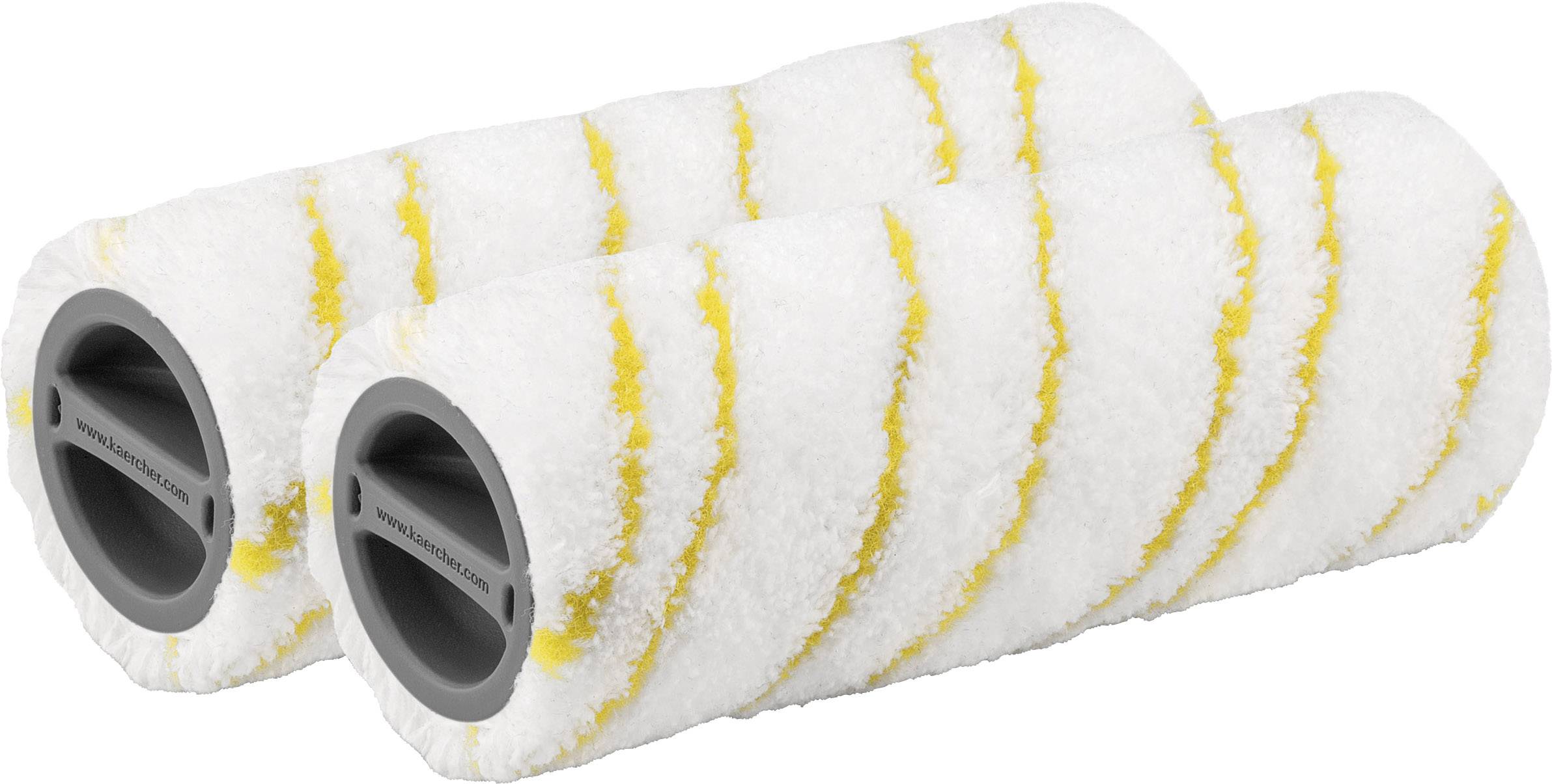Two white paint rollers with yellow stripes, suitable for smooth surfaces, lying side by side on a white surface.
