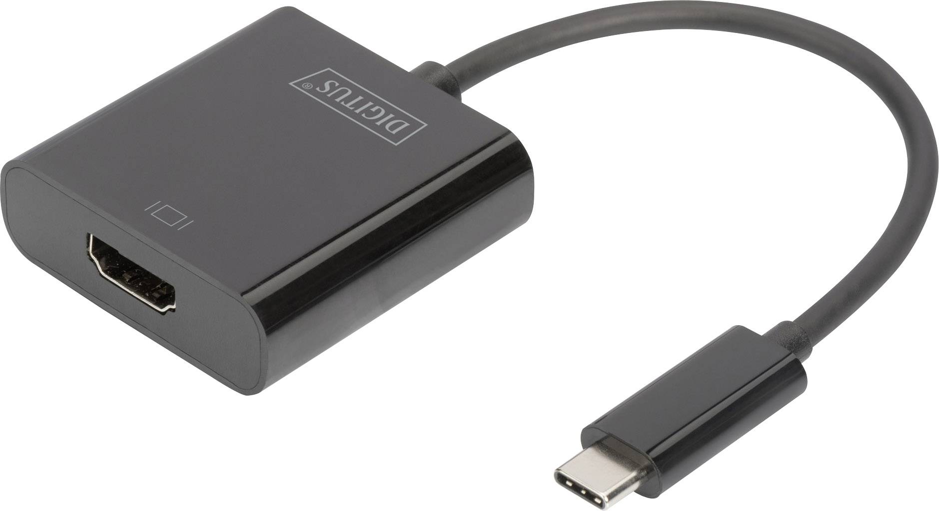 A black adapter with an HDMI port and USB-C plug, suitable for connecting devices with different interfaces.
