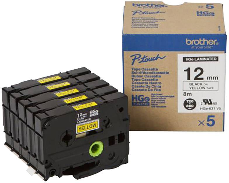 'Brother P-Touch' Label Tape Cassette, 12 mm wide, black on yellow, pack of 5. Packaging and individual cassette illustrated.