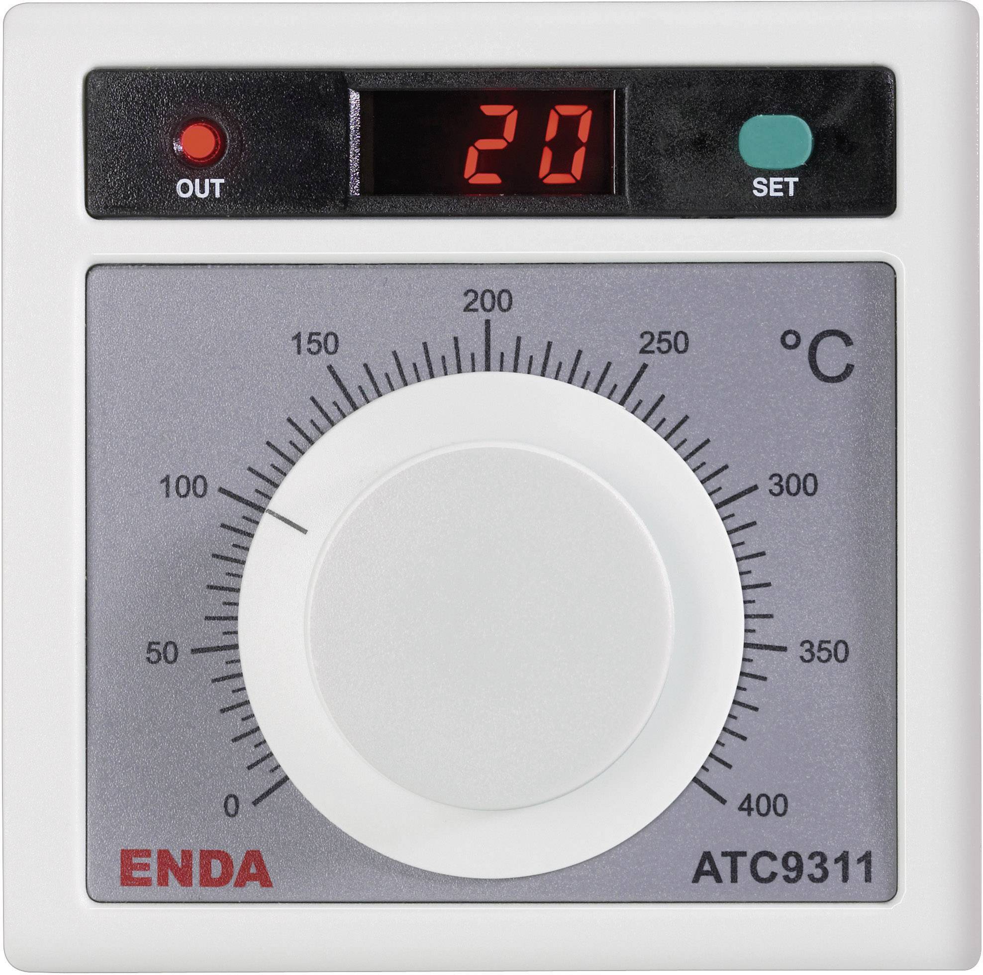 A digital temperature controller with numerical display shows '20 °C'. Rotary knob and scale from 0 to 400 °C for adjustment.