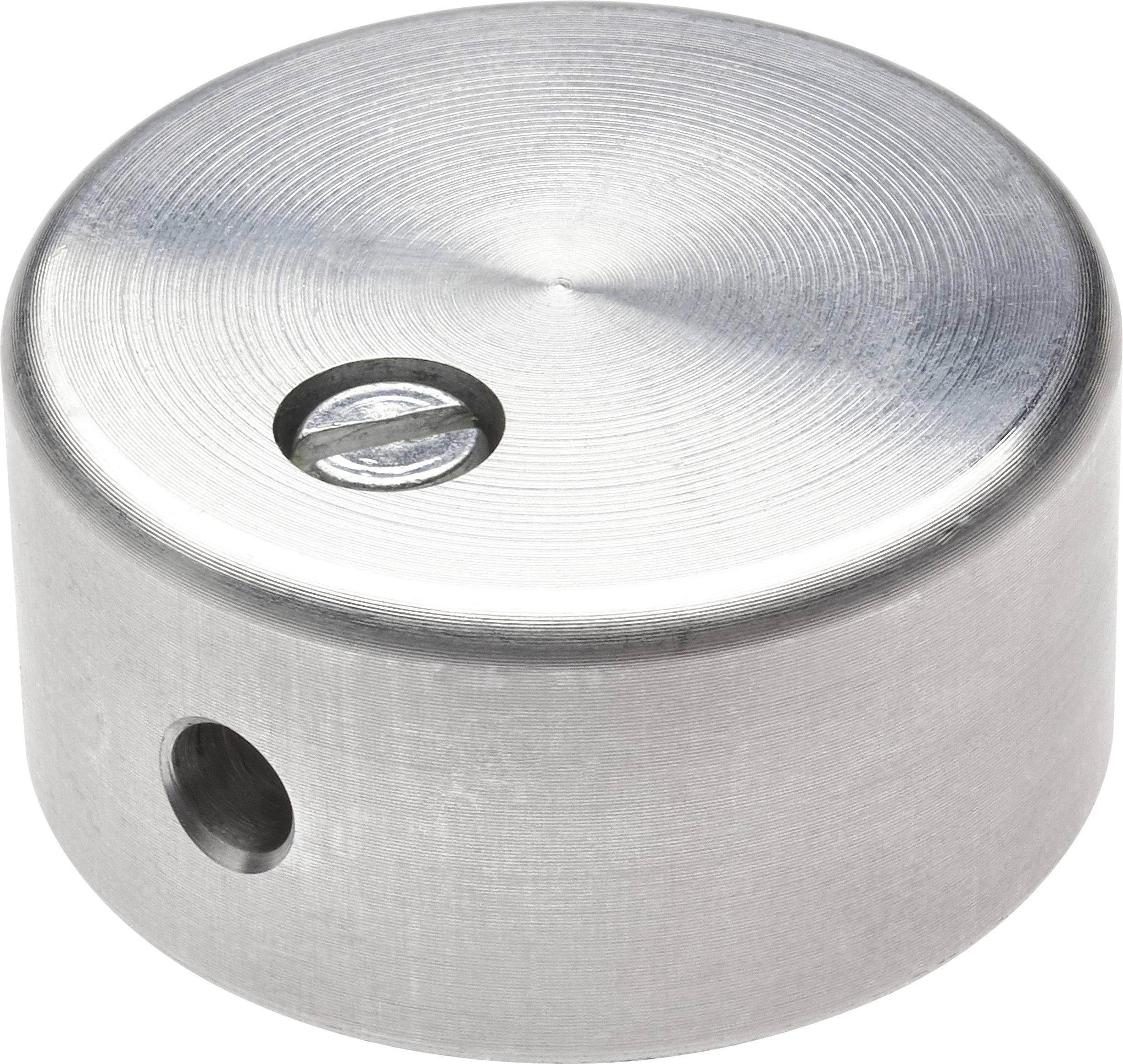 A silver, round metal fitting with a recessed screw and a side hole, likely part of a furniture assembly kit.