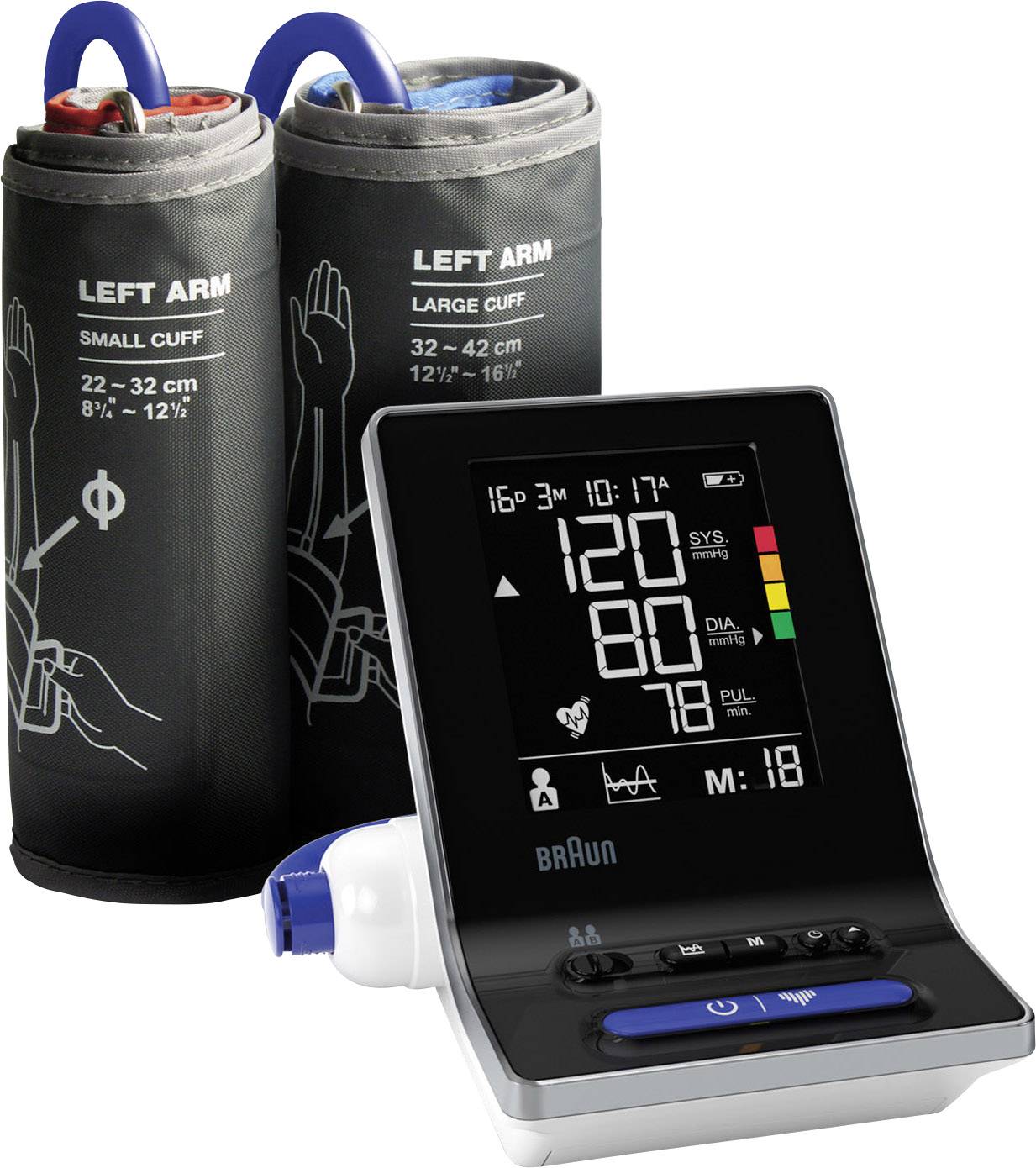 Electronic blood pressure monitor with digital display shows blood pressure and pulse readings. Two differently sized cuffs for the left arm.
