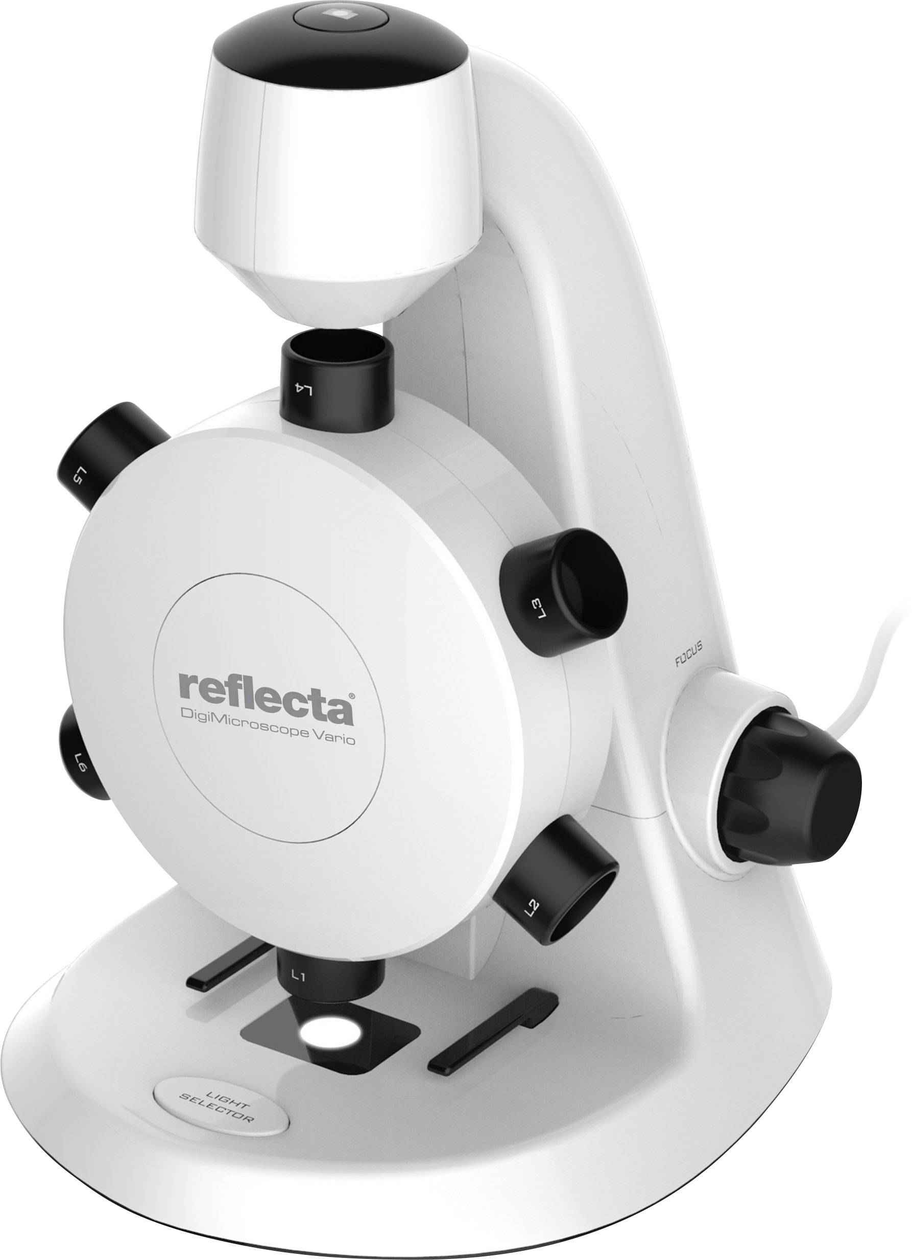 A white digital microscope with various settings for magnification and focus, suitable for scientific investigations.