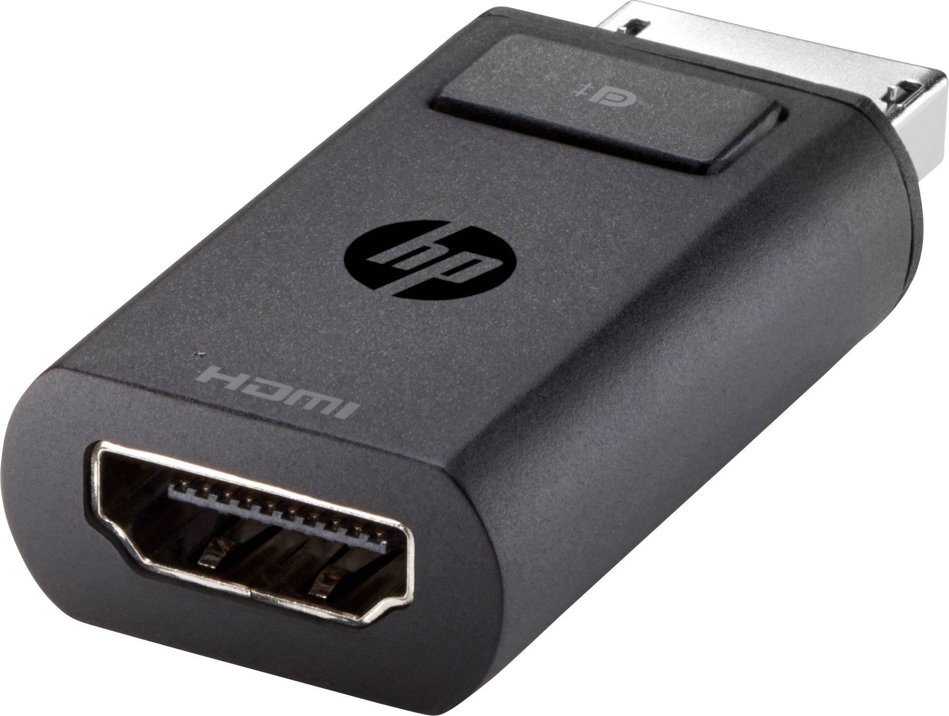 A black HDMI adapter with HP logo.