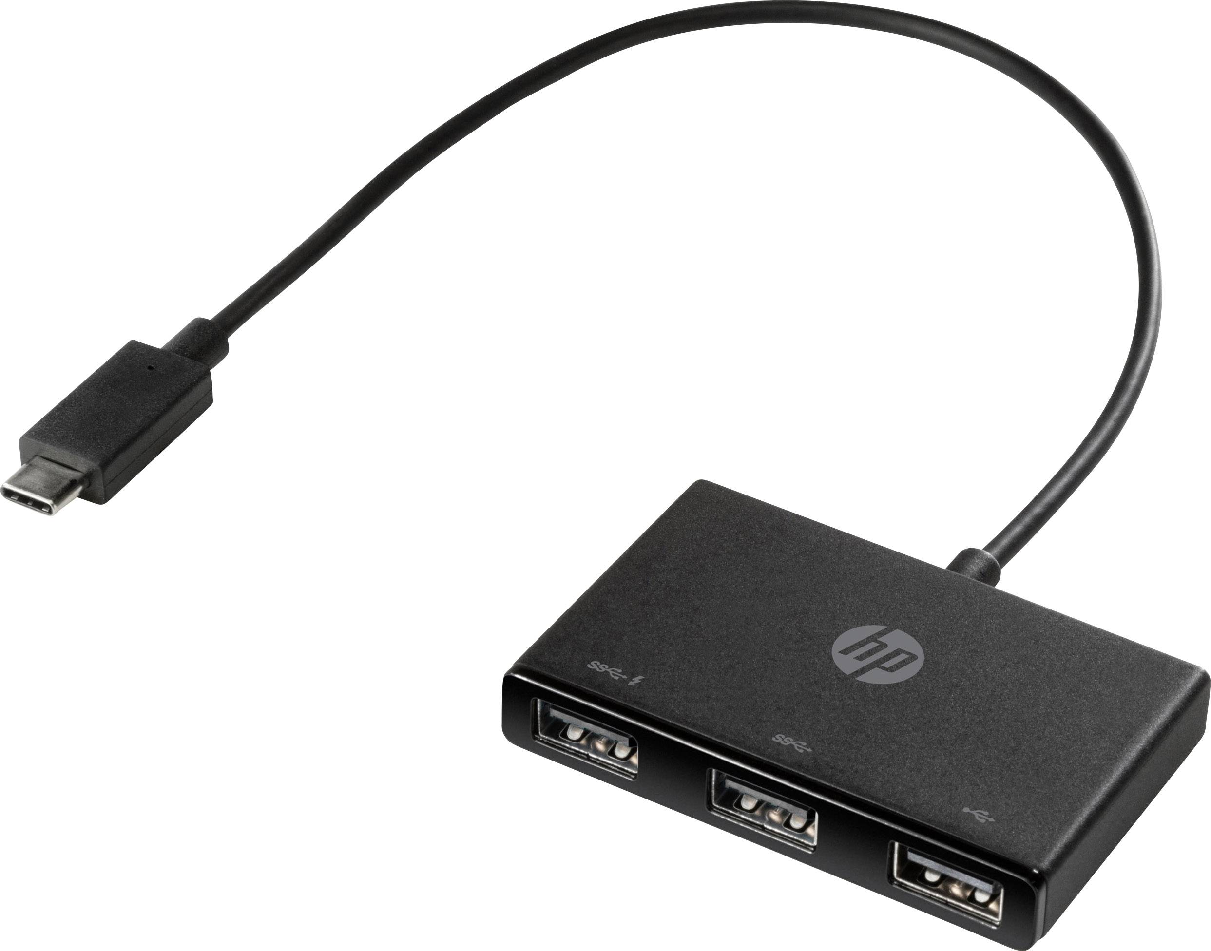 USB-C Hub with three USB ports; compact black design for computer accessory expansion.