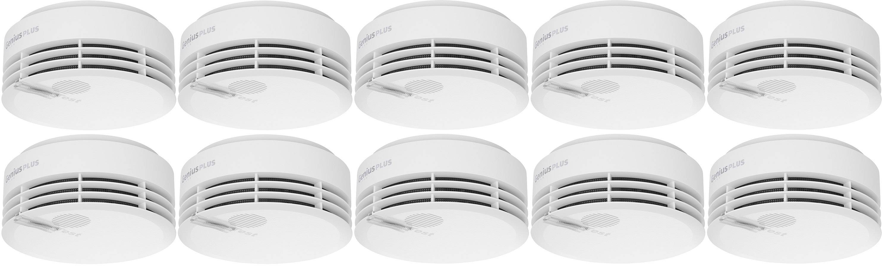 Ten white smoke detectors in two rows. Each has side ventilation slots and a central test button.
