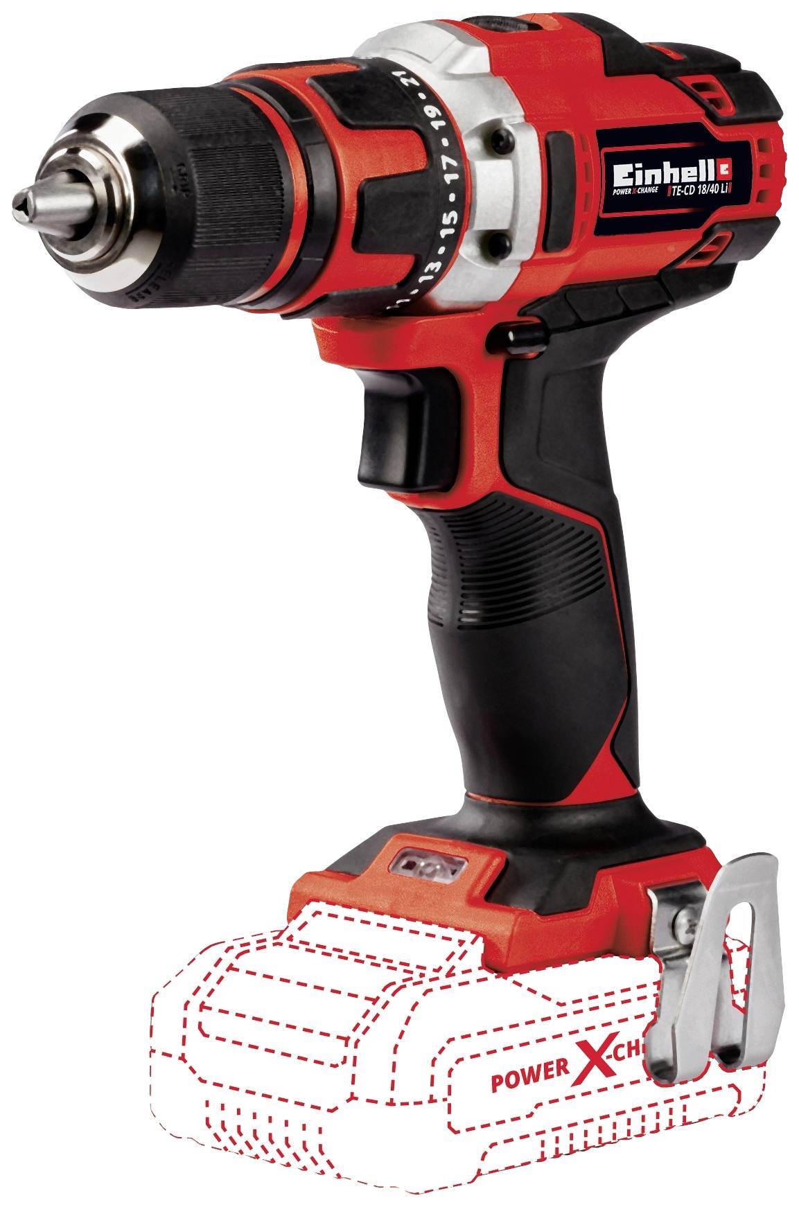 A red cordless drill with a black handle and silver drill head. Battery not connected.